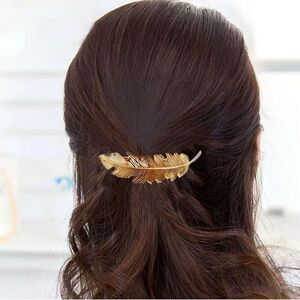 Gold Tone Leaf Feather Hair Barrette Clip Lightweight Classic Chic Boho Fall